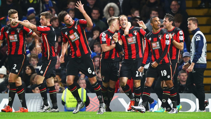 Bournemouth celebrate goal at Stamford Bridge