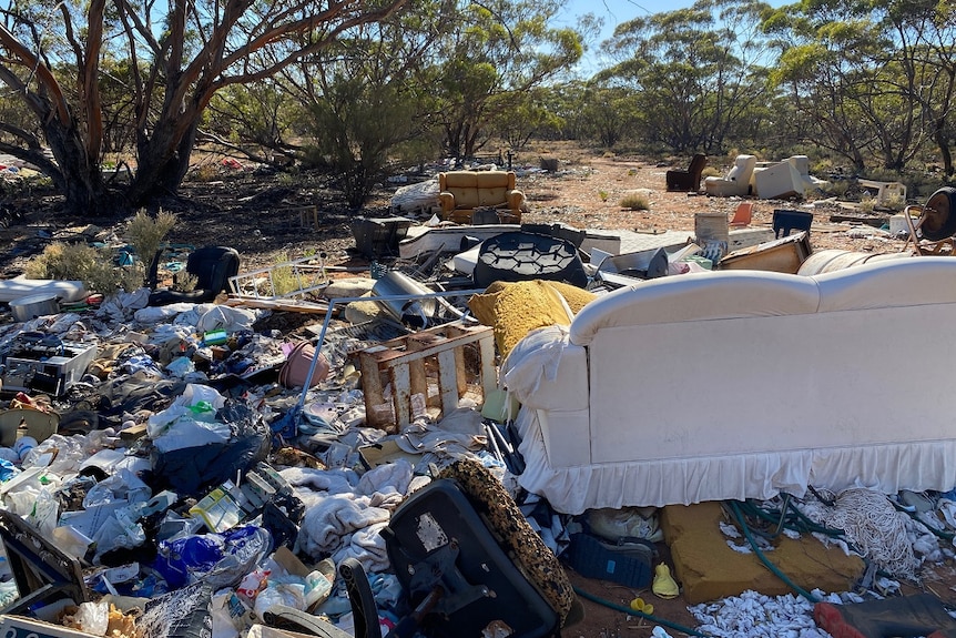 Several couches and piles of rubbish sit under trees in amongst bushland.