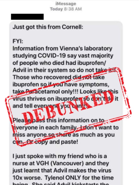 Text message about ibuprofen with the word "debunked" over the top