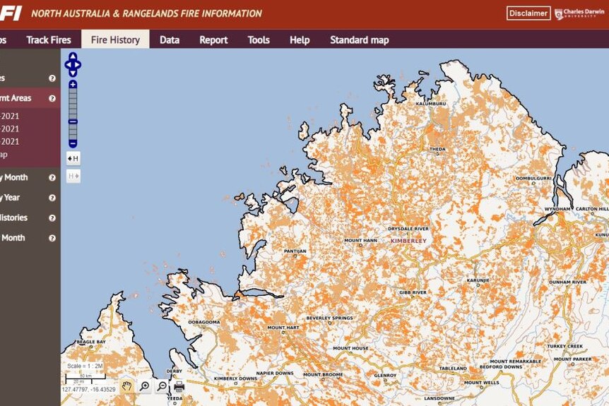 Screen capture shows map of Kimberley region covered in orange blotches to indicate scarring by fires