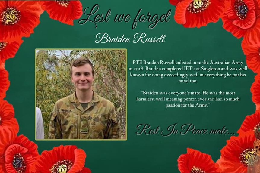 A memorial message posted on a social media page paying tribute to Australian soldier PTE Braiden Russell who suicided in 2020.