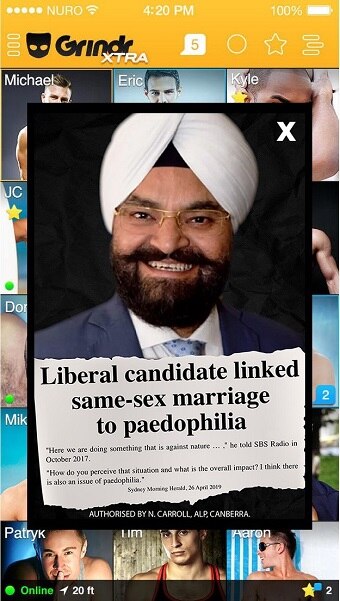 A screenshot of the app Grindr shows a photo of Gurpal Singh with a headline about him linking same-sex marriage to paedophilia.