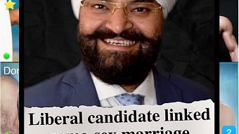 A screenshot of the app Grindr shows a photo of Gurpal Singh with a headline about him linking same-sex marriage to paedophilia.