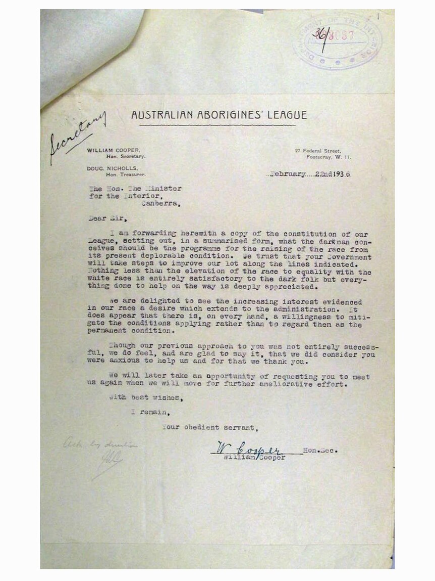 Letter from William Cooper on behalf of the Australian Aborigines League