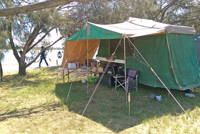 A full campsite set up on The Spit, Gold Coast