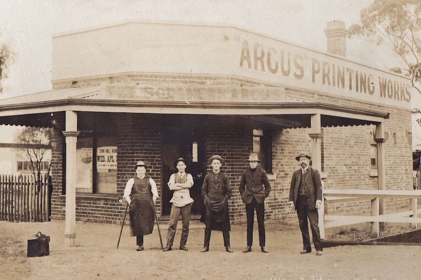 Owner of the then called Southern Argus, Ernest Absolon (far right), and staff in 1914.