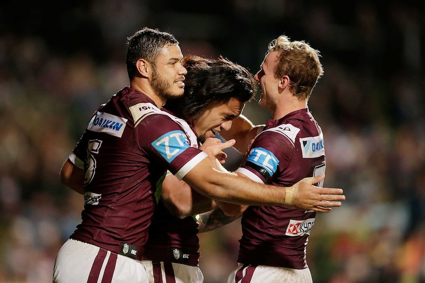 Manly Sea Eagles celebrate Jorge Taufua's try