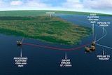 A graphic shows proposed gas pipelines tracking the coast of a country that juts out into the sea.