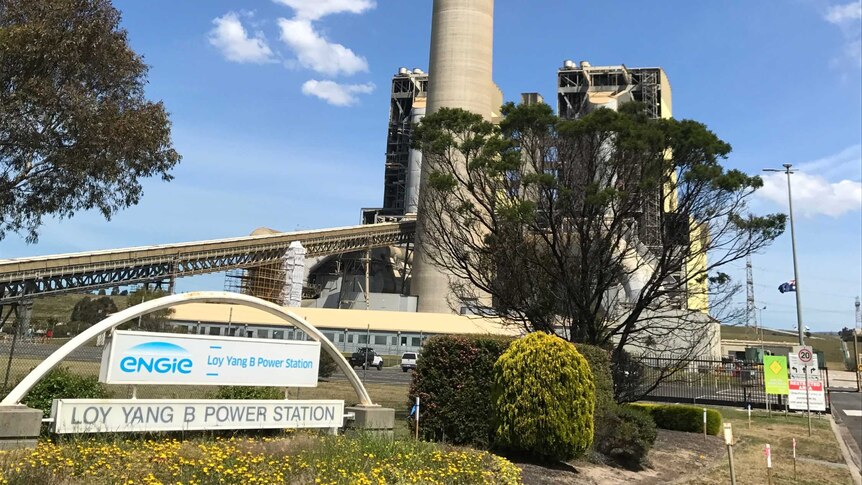 Exterior of the Loy Yang B power plant in Victoria showing Engie signage and a tall chimney.