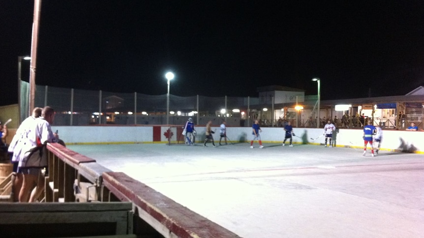 An ice hockey game at the Boardwalk at Kandahar airfield in Afghanistan.
