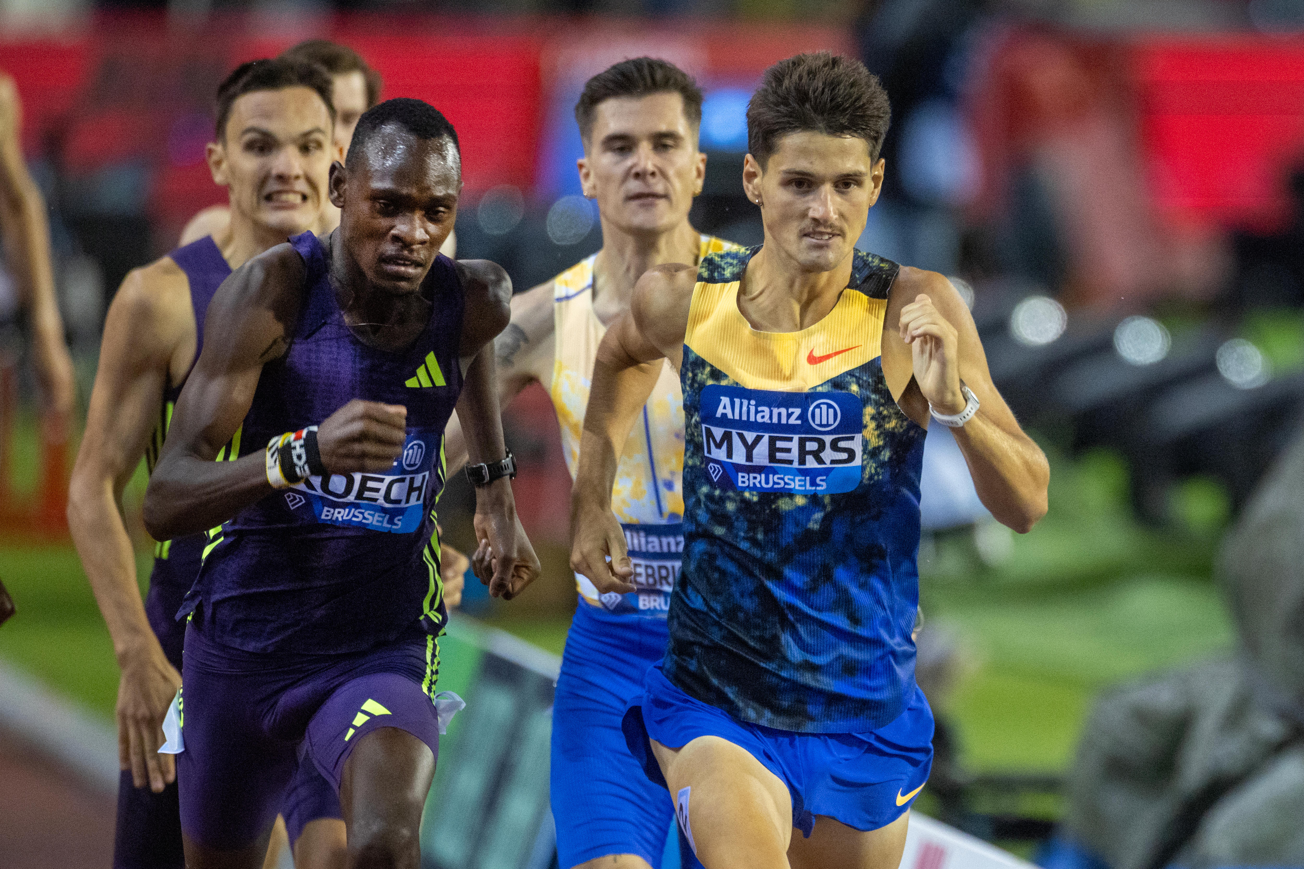 Cameron Myers running ahead of the rest in the men's 1,500m race.