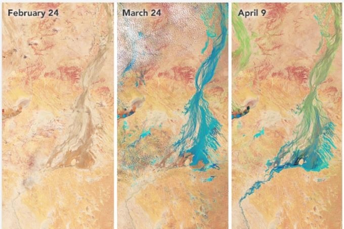 Three images of satellite images from February, March and April showing increasing blue floodwaters in river system.