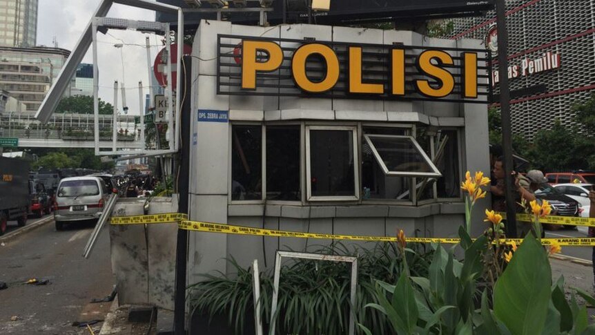 Destroyed police guard hut after Jakarta bombings