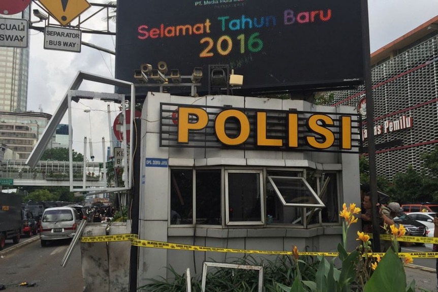 Destroyed police guard hut after Jakarta bombings