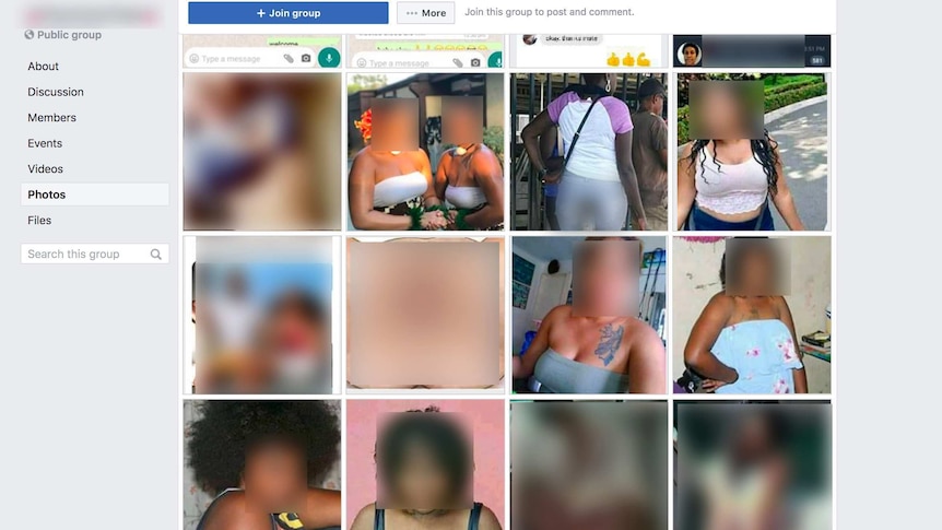 A blurred screenshot of a PNG Facebook group with explicit images of women.