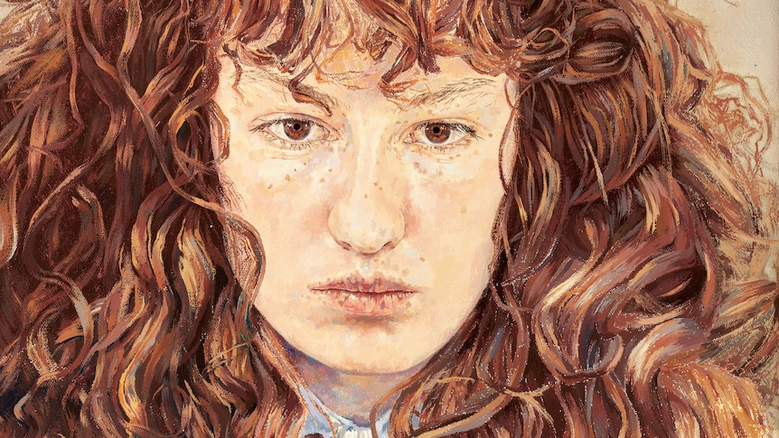 A painting of a woman in her 20s, with a stern expression. She has bushy brown hair and a fringe, and brown eyes.