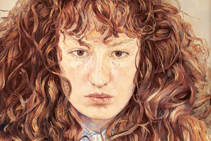 A painting of a woman in her 20s, with a stern expression. She has bushy brown hair and a fringe, and brown eyes.