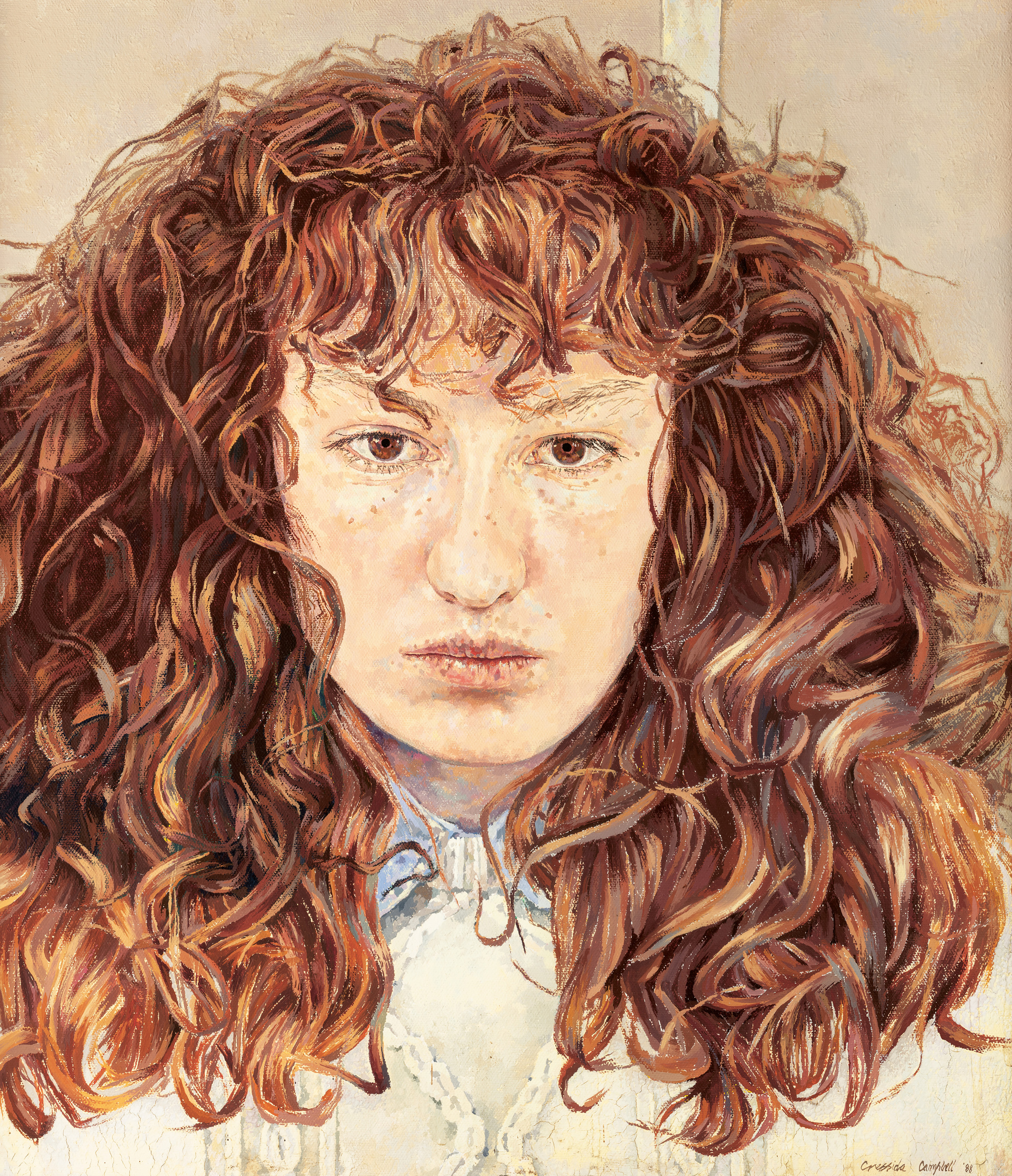 A painting of a woman in her twenties with a stern expression on her face.  She has bushy brown hair and bangs and brown eyes.