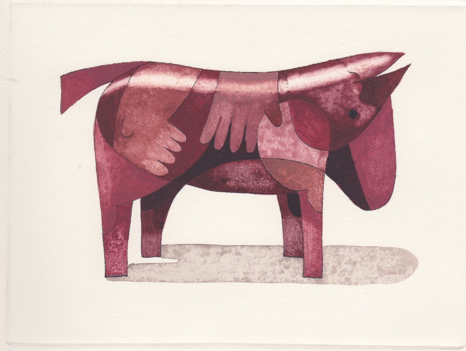 A print depicting a horse in varying colours of red. 