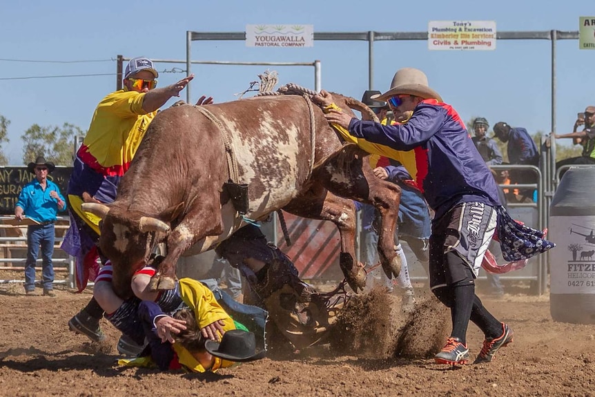 Rodeo clown Cain Burns escaped serious injury after being trampled by a bull at Halls Creek rodeo.