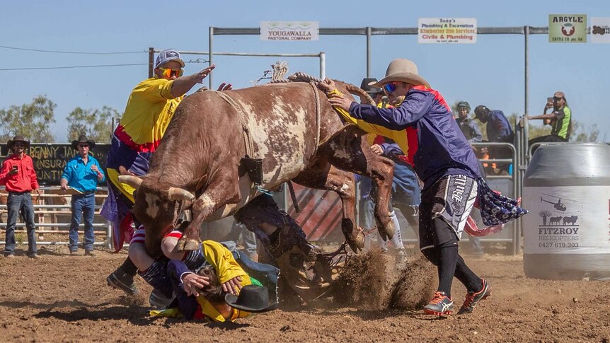 Rodeo clown Cain Burns escaped serious injury after being trampled by a bull at Halls Creek rodeo.