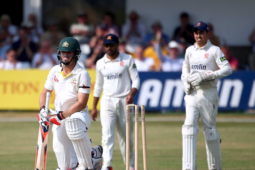Australia's Mitchell Marsh bowled by Essex's Matthew Salisbury in tour match at Chelmsford.