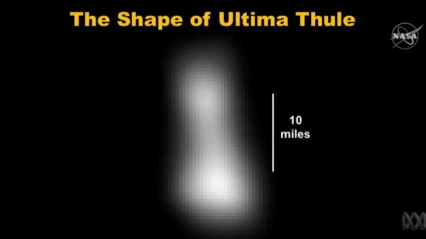 A grainy, white image on a black background is seen with a marker. Text reads: The Shape of Ultima Thule