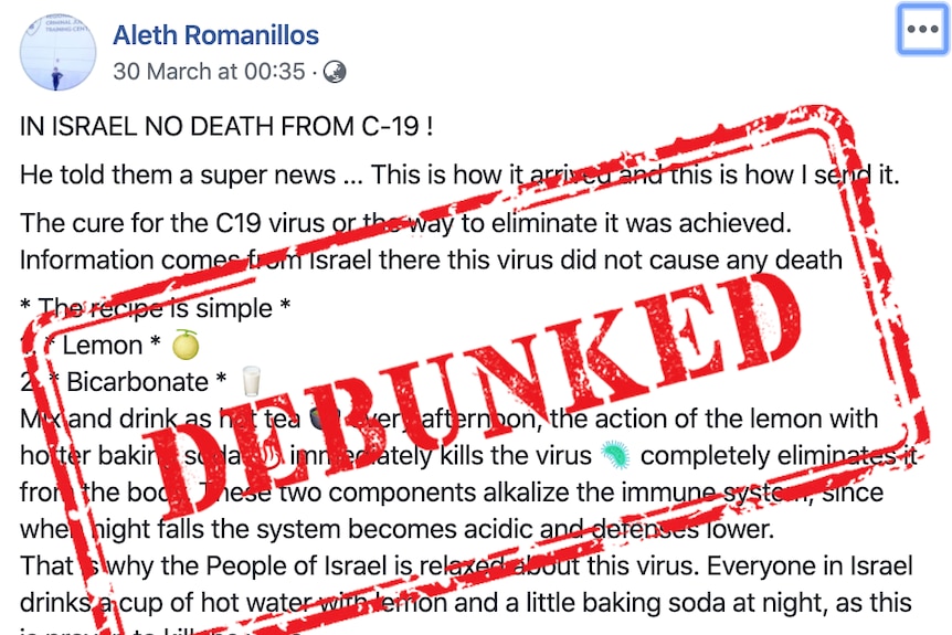 A Facebook post claiming no one has died from COVID-19 in Israel, with a debunked stamp on top
