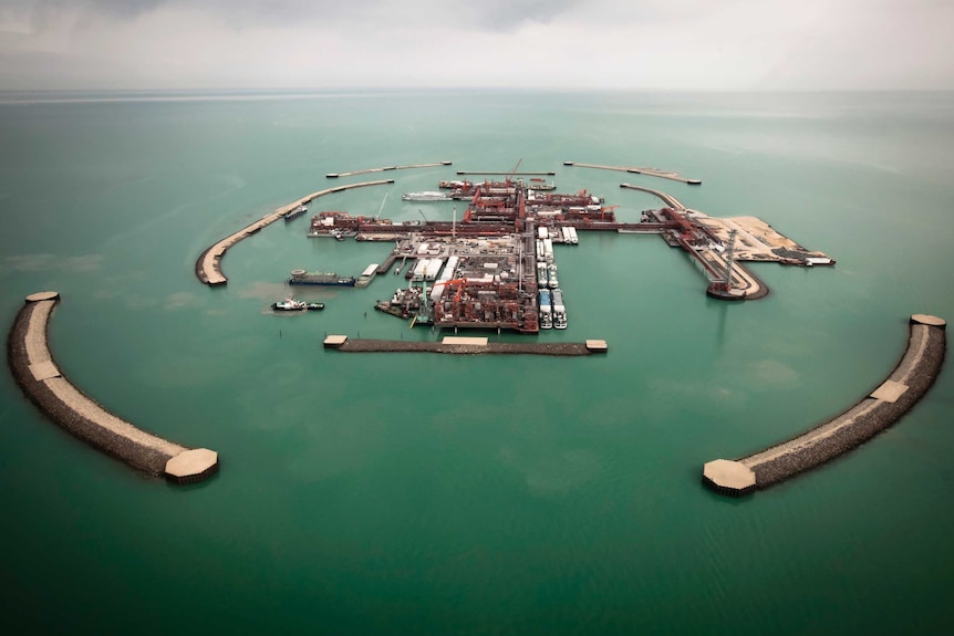 Aerial view of artificial islands on Kashagan offshore oil field surrounded by the Caspian Sea.