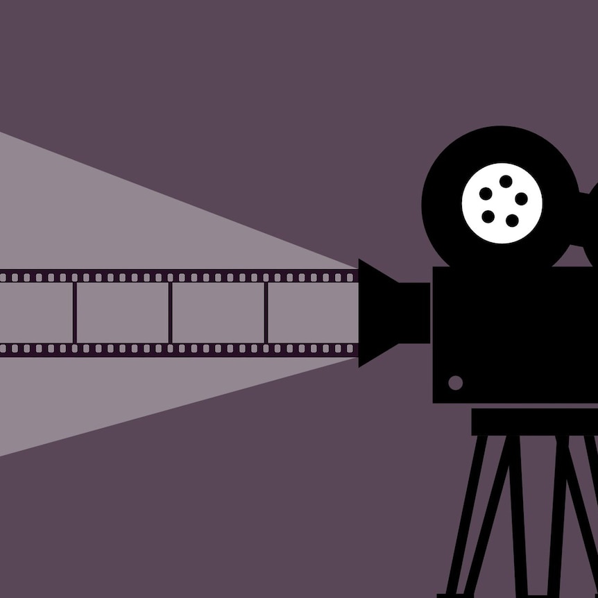 Cartoon image of a black old-fashioned movie camera projecting a grey light.