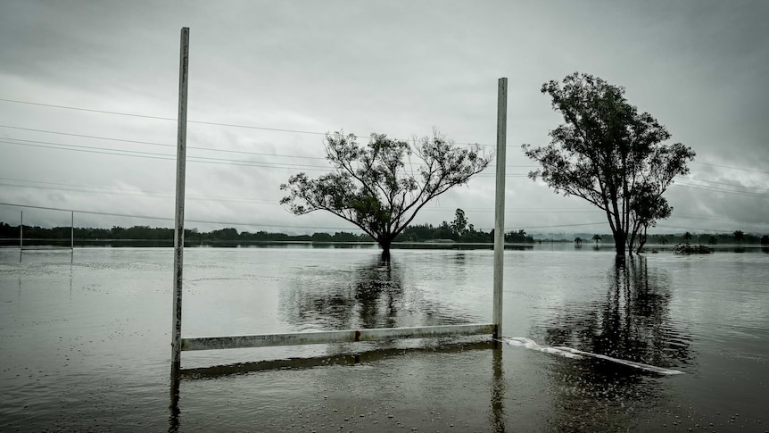 The floodplains in Windsor, western Sydney with rugby goals in the foreground.