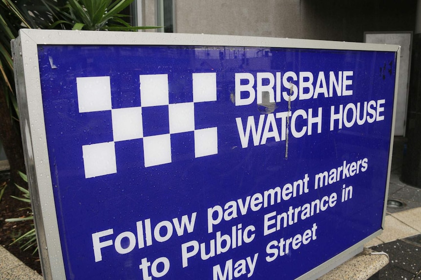 Close-up of blue sign of Brisbane Watch House in Brisbane's CBD on February 2, 2021.