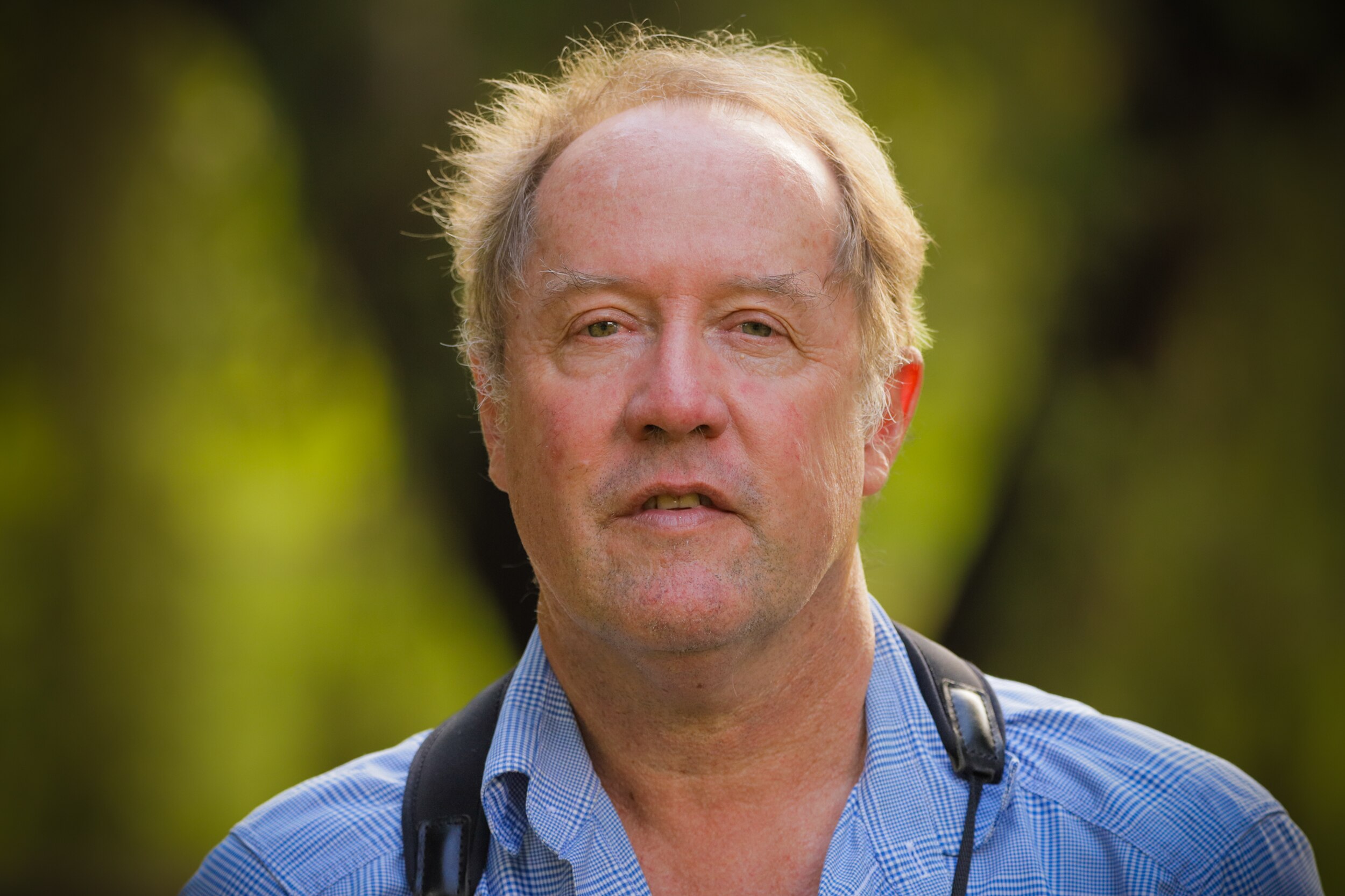 Hugh Possingham is pictured wearing a blue checkered shirt, behind him is a blurry forest