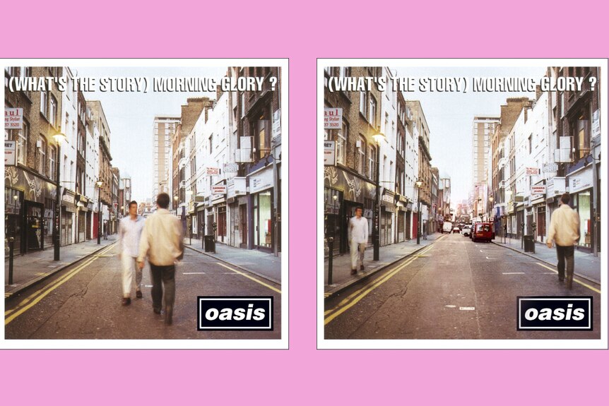 The original cover of (What's The Story) Morning Glory, next to an amended cover featuring two figures further apart