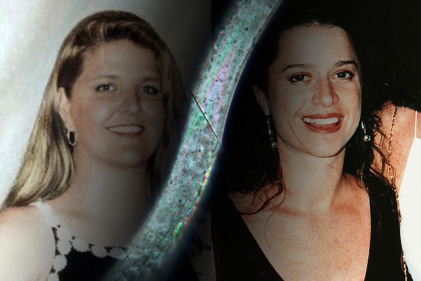 Headshots of Jane Rimmer and Ciara Glennon with a microscopic image of a blue clothing fibre between them.