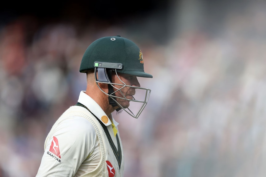 Australia batter David Warner is seen in profile as he walks off the field during an Ashes Test.