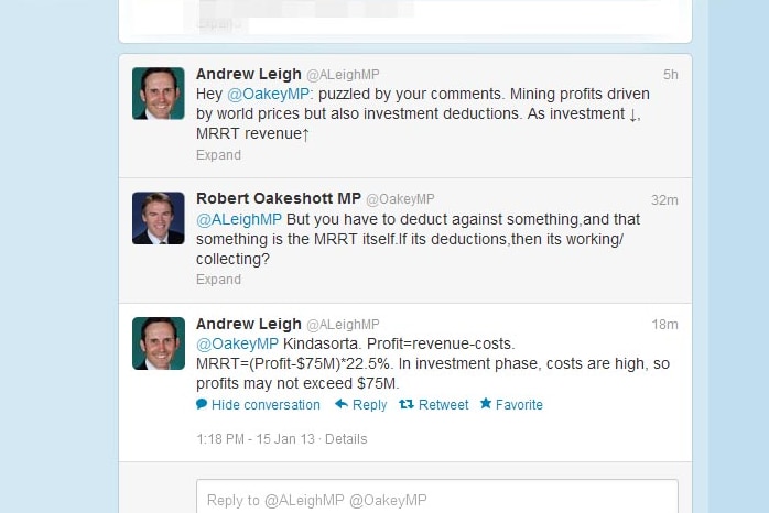 Twitter exchange between Rob Oakeshott and Andrew Leigh.