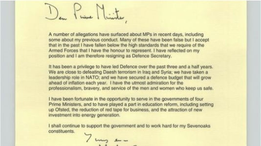 Michael Fallon's resignation letter.