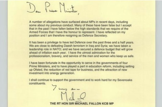 Michael Fallon's resignation letter.