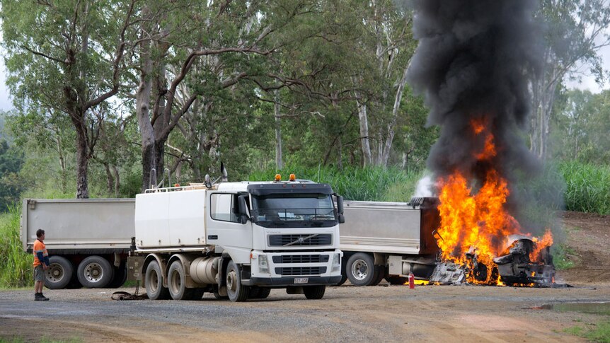 Truck on fire on Sarina Range in north Queensland on March 28, 2013