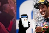 Composite image of Albanese drinking, Facebook and Daniel Ricciardo.