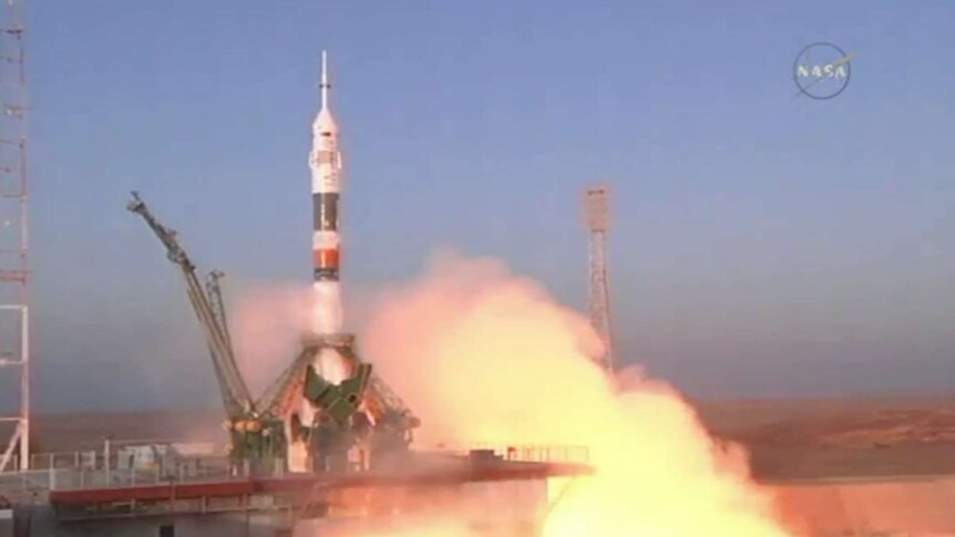 The Soyuz rocketship takes off.
