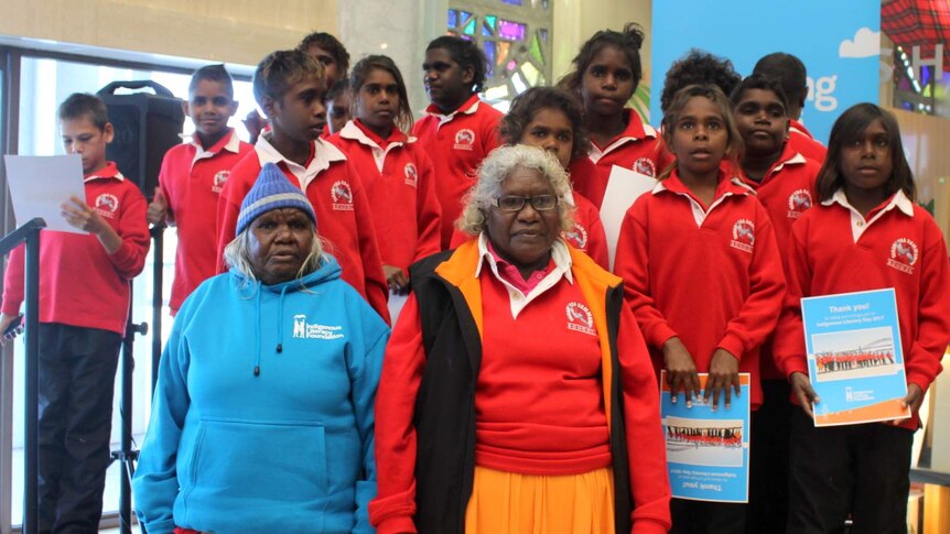 Jessie Moora, Mary Vanbee and students from Yakanarra Community School at the National Library of Australia, September, 2017.