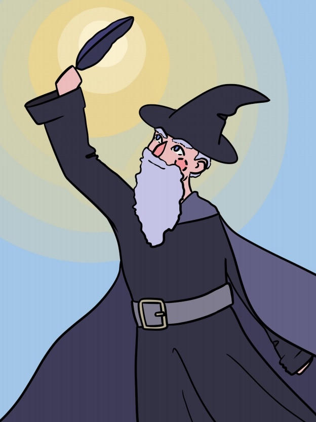 A cartoon wizard holds a feather up to the sun.