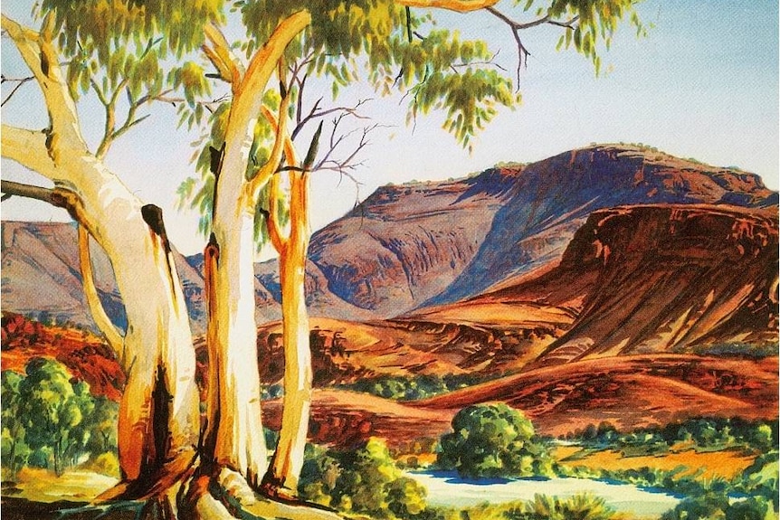 Mount Hermannsburg painting by Aboriginal artist Albert Namatjira, circa 1950.