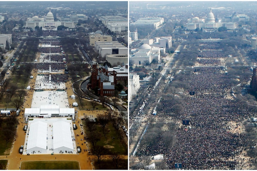 Photos show the crowds at the inauguration ceremonies of Donald Trump and Barack Obama