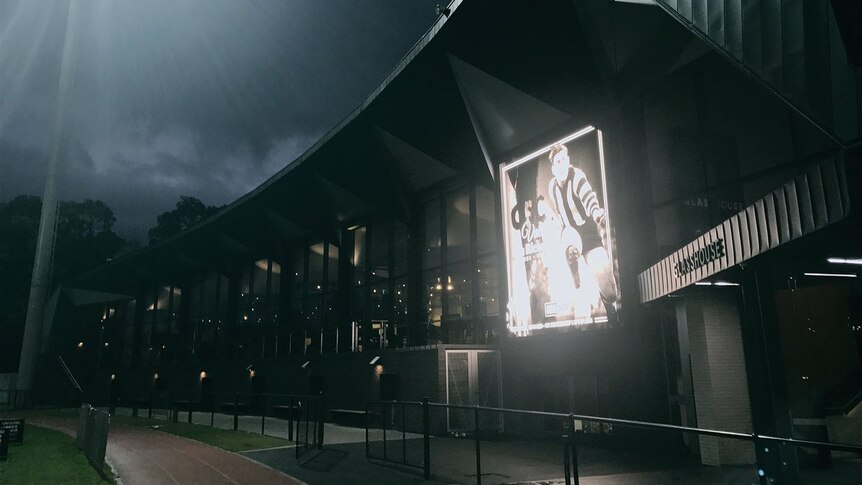 Collingwood's tribute to Lou Richards projected onto training centre
