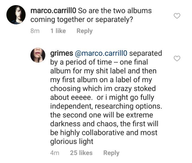 Grimes replying to fans on Instagram