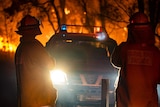 Two volunteer firefighters stand in front of bushfire at night