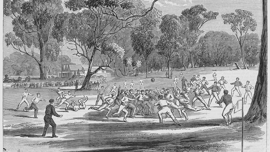 Illustration of Australian Rules being played in Richmond, Victoria, 1866.